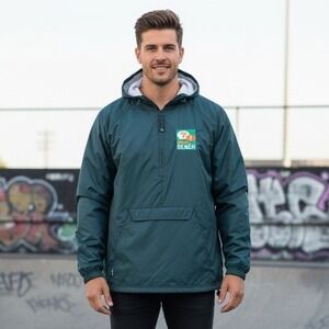 Charles River Jacket Mens M 1/4 Zip Kayak Beach Raincoat Rain Hooded Lined Green